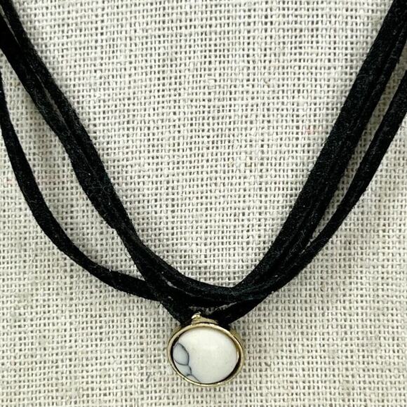 Black Multi Strand Cord Gold Tone Cabochon Necklace - Picture 2 of 4